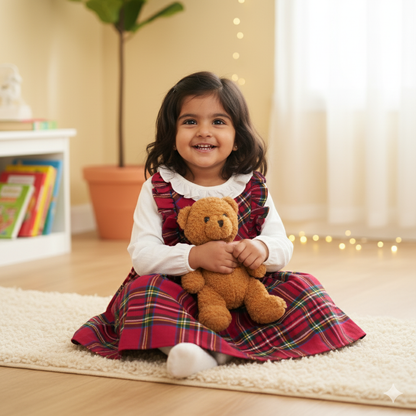 Festive Red Plaid Dress with White Long Sleeve Top and Ruffle Collar