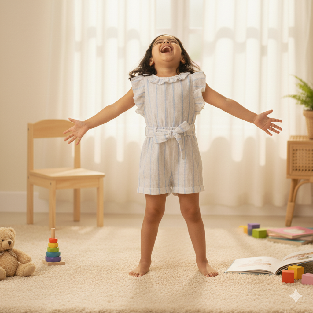 Sweet Blue Striped White Romper with Ruffle Sleeves