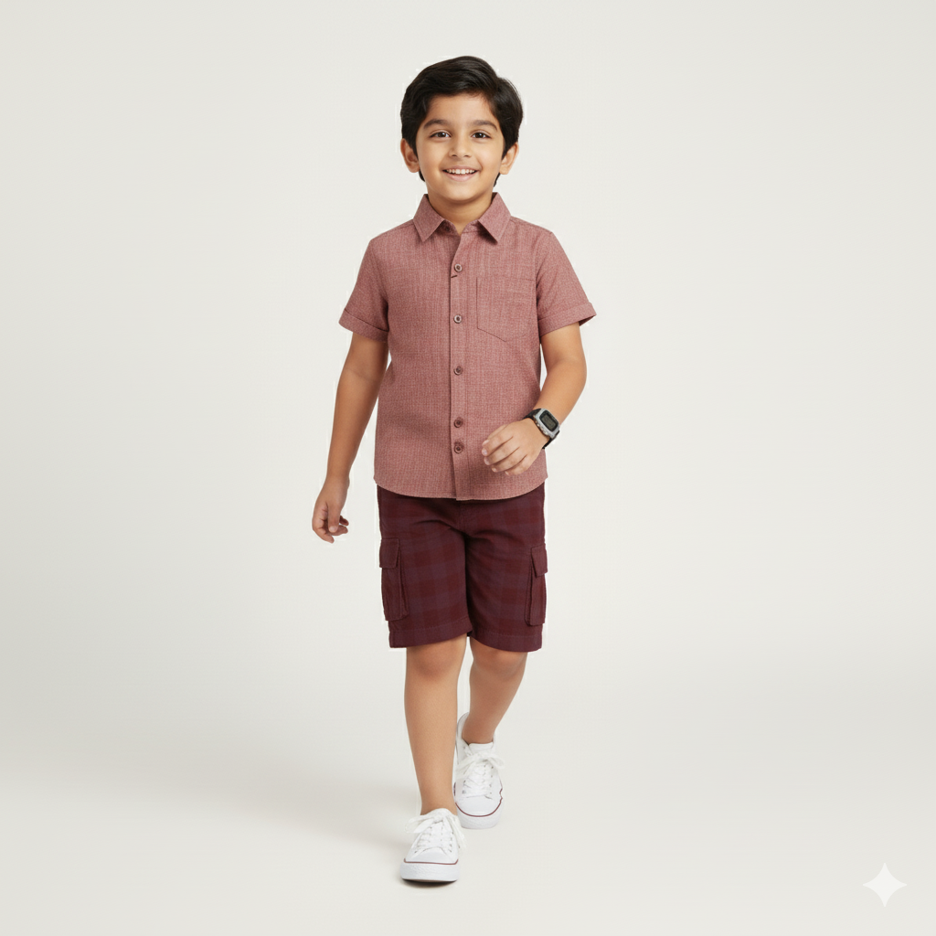 Boys Slim Fit Solid Casual Check Shirt and Shorts Set