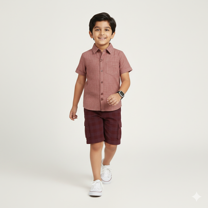 Boys Slim Fit Solid Casual Check Shirt and Shorts Set