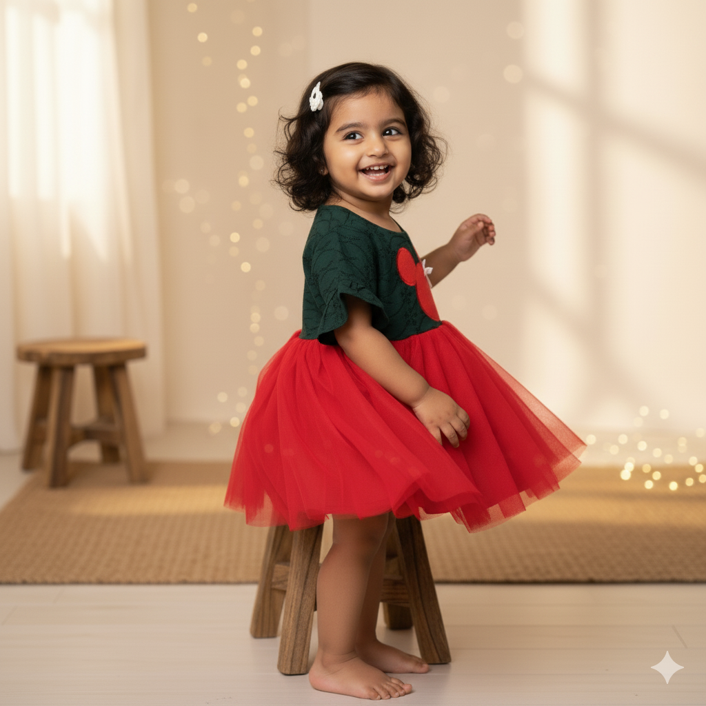 Festive Green and Red Mickey Mouse Schiffli Dress