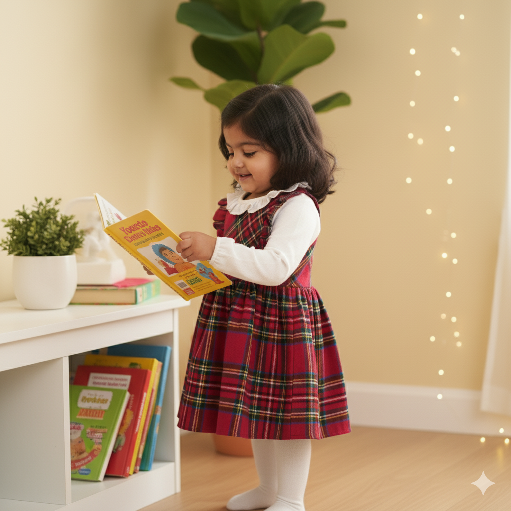 Festive Red Plaid Dress with White Long Sleeve Top and Ruffle Collar