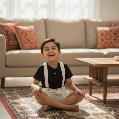 Dapper Black Polo with White Suspender Shorts