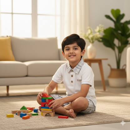 Classic White Polo with Grey Check Collar and Matching Plaid Shorts