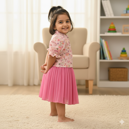 Girls Pink Floral Printed Top and Middi Set