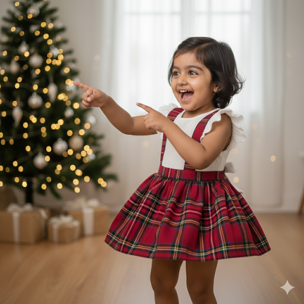 Classic White Ribbed Top with Red Tartan Frock