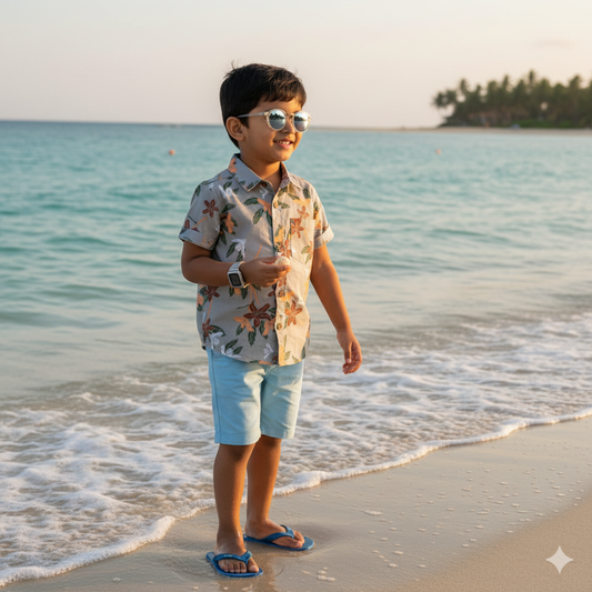 Boys Slim Fit Floral Printed Grey Casual Shirt