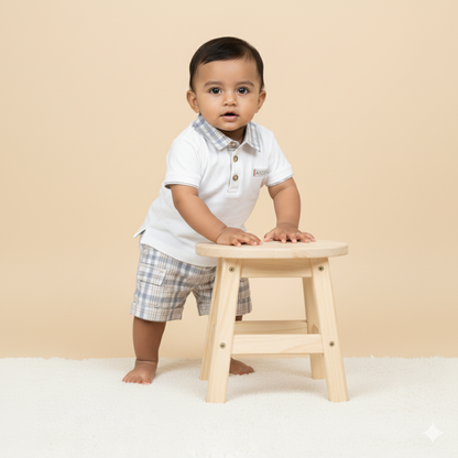 Classic White Polo with Grey-Beige Check Collar and Matching Plaid Shorts