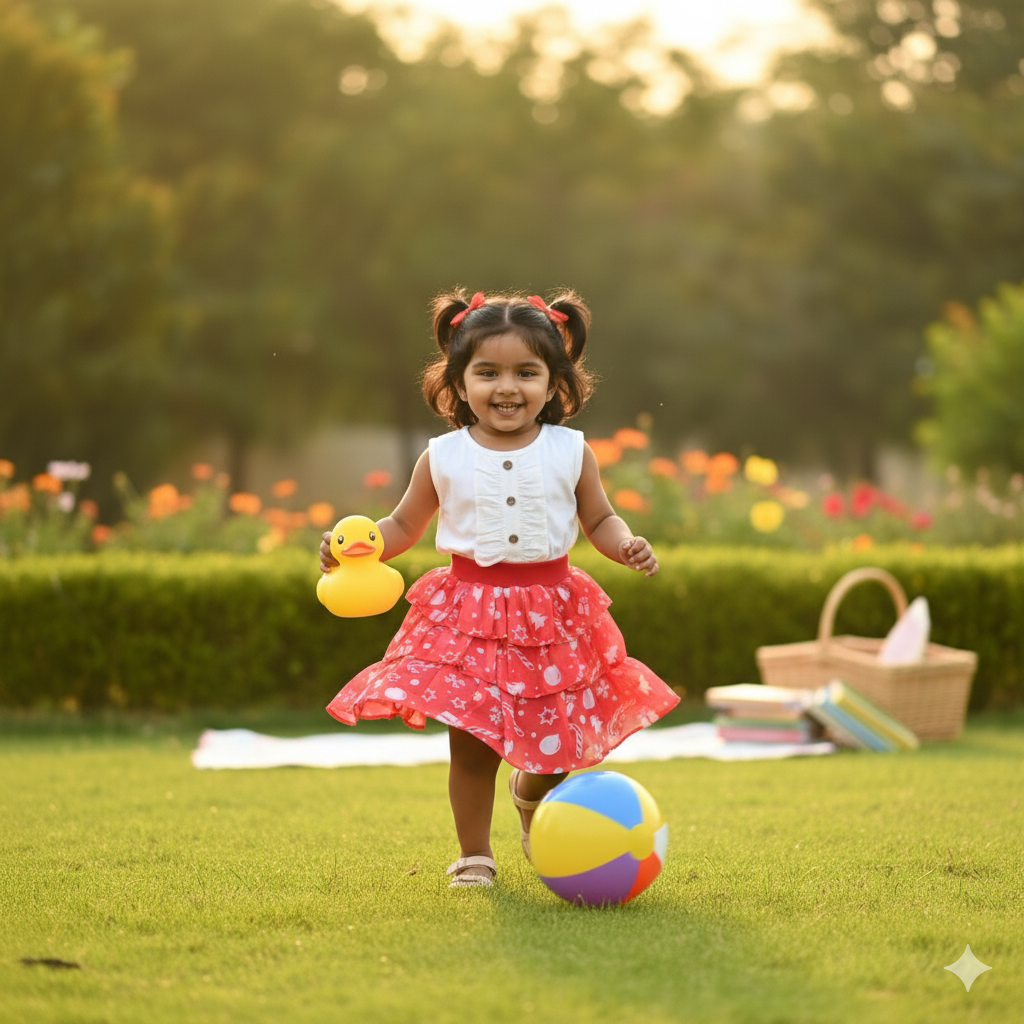 Girls White Ruffle Top with with Festive Red Printed Skirt
