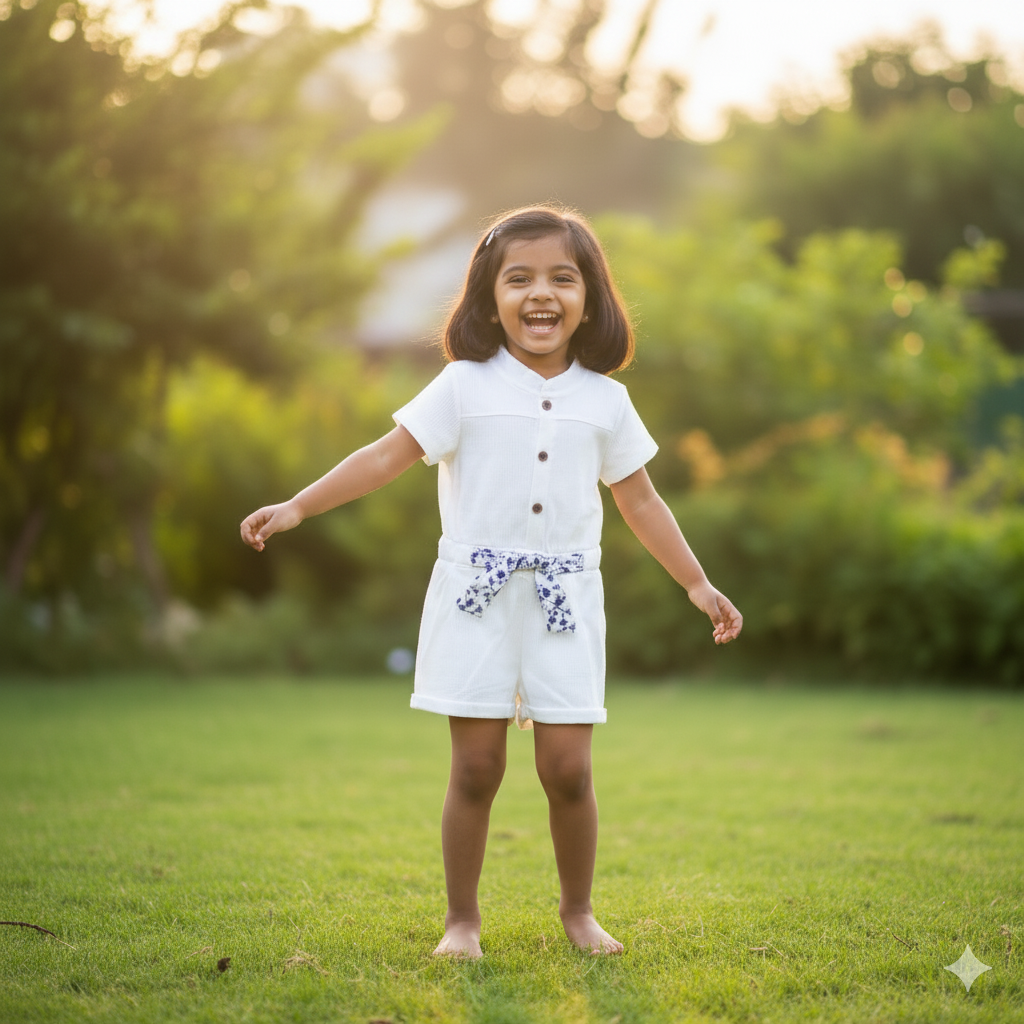 Crisp White Cotton Textured Romper with Floral Print Belt