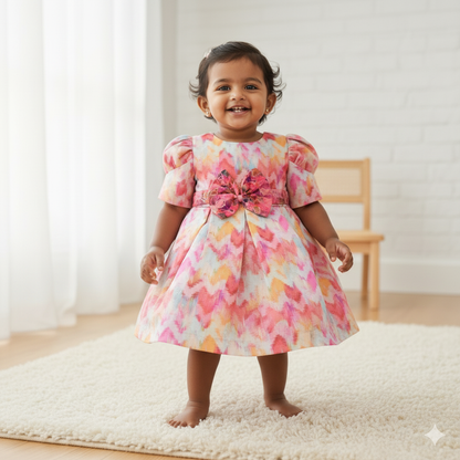 Girls Floral Print Satin Fit & Flare Dress