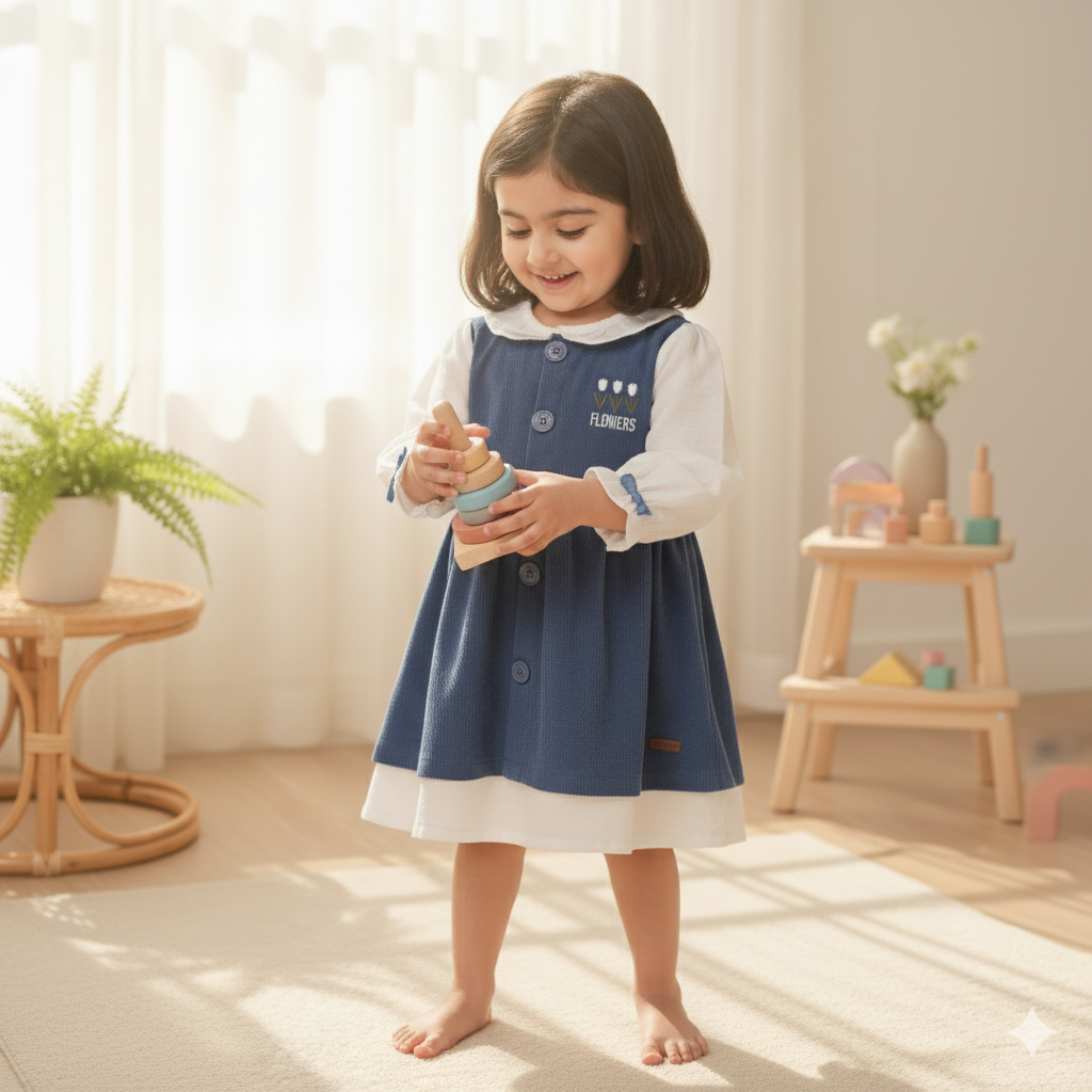 Sweet Blue Corduroy Pinafore with White Puff-Sleeves Top