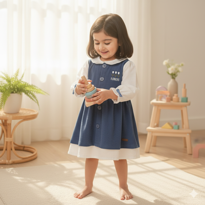 Sweet Blue Corduroy Pinafore with White Puff-Sleeves Top