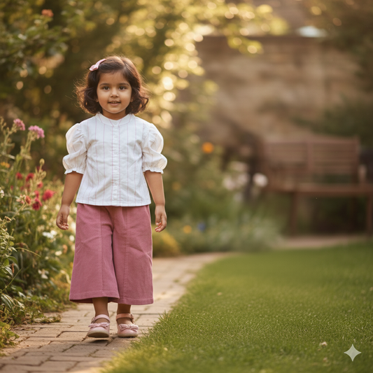 Girls White Top and Pink Bell Bottom Fit Pant