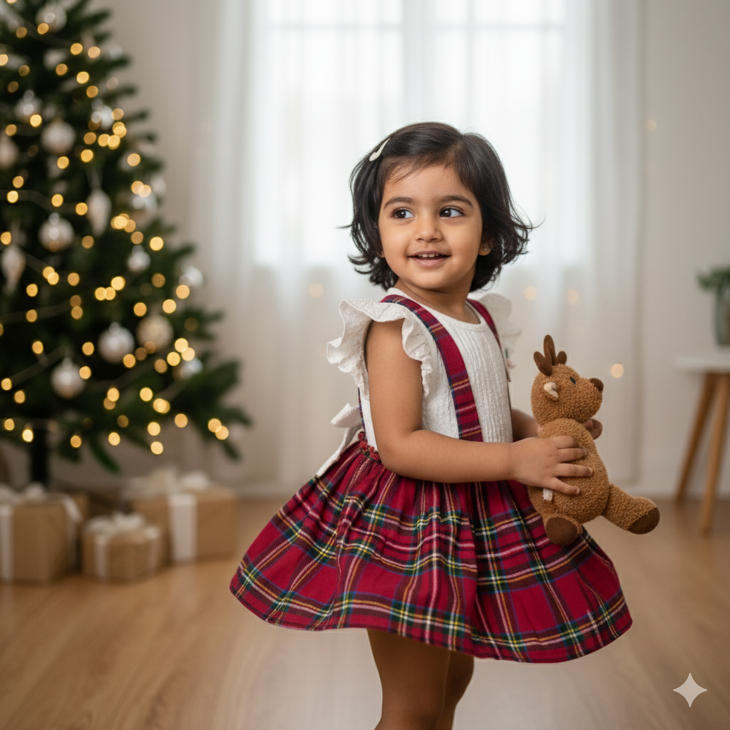 Classic White Ribbed Top with Red Tartan Frock