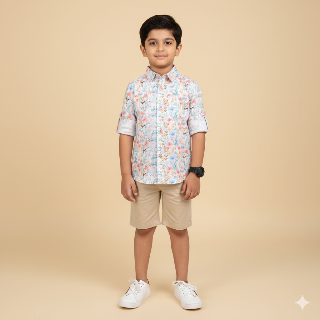 Boys Slim Fit Floral Printed Full Sleeve White Casual Shirt