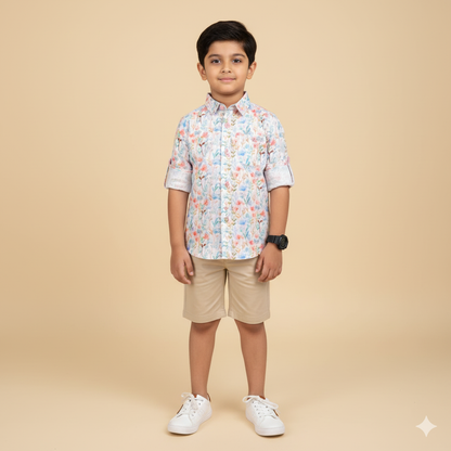 Boys Slim Fit Floral Printed Full Sleeve White Casual Shirt