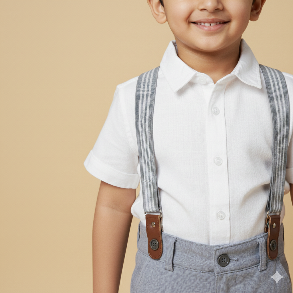 Boys Dapper White Shirt and Grey Shorts sets with Suspenders