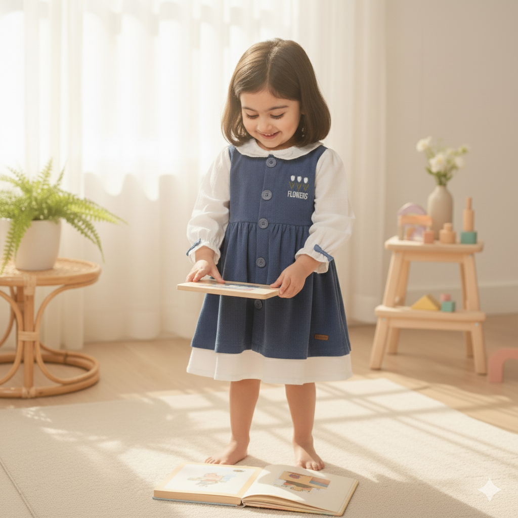Sweet Blue Corduroy Pinafore with White Puff-Sleeves Top