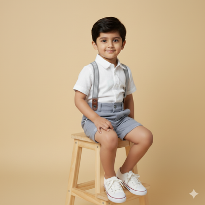 Boys Dapper White Shirt and Grey Shorts sets with Suspenders