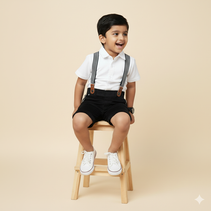 Boys Dapper White Shirt with Black Shorts sets with Suspenders