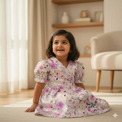 Girls Floral Print Silver Satin Fit & Flare Dress