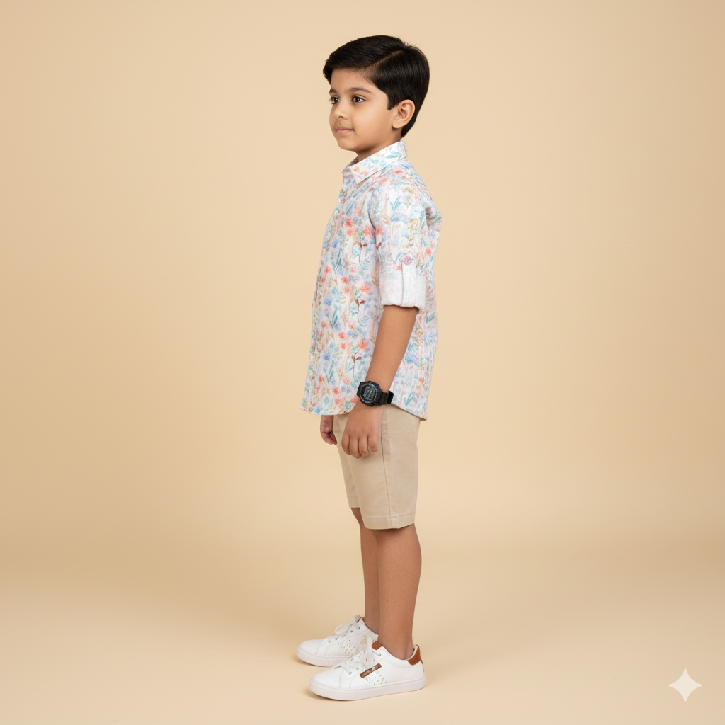 Boys Slim Fit Floral Printed Full Sleeve White Casual Shirt