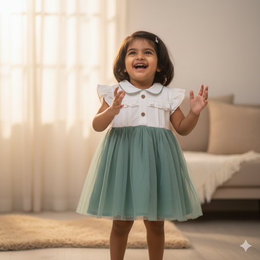 Elegant White Dress with Sage Green Tulle Skirt