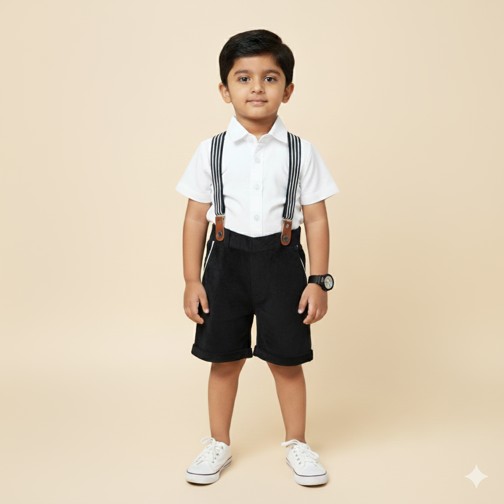 Boys Dapper White Shirt with Black Shorts sets with Suspenders