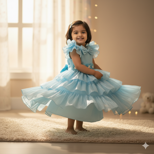 Girls Light Blue Flared Party Frock