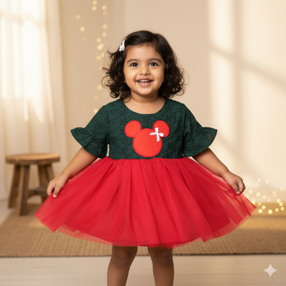 Festive Green and Red Mickey Mouse Schiffli Dress