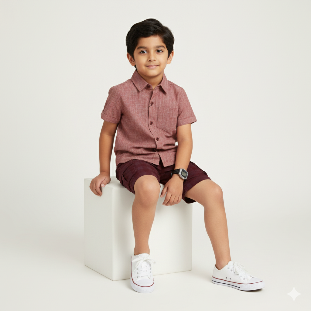 Boys Slim Fit Solid Casual Check Shirt and Shorts Set