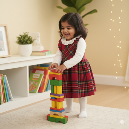 Festive Red Plaid Dress with White Long Sleeve Top and Ruffle Collar