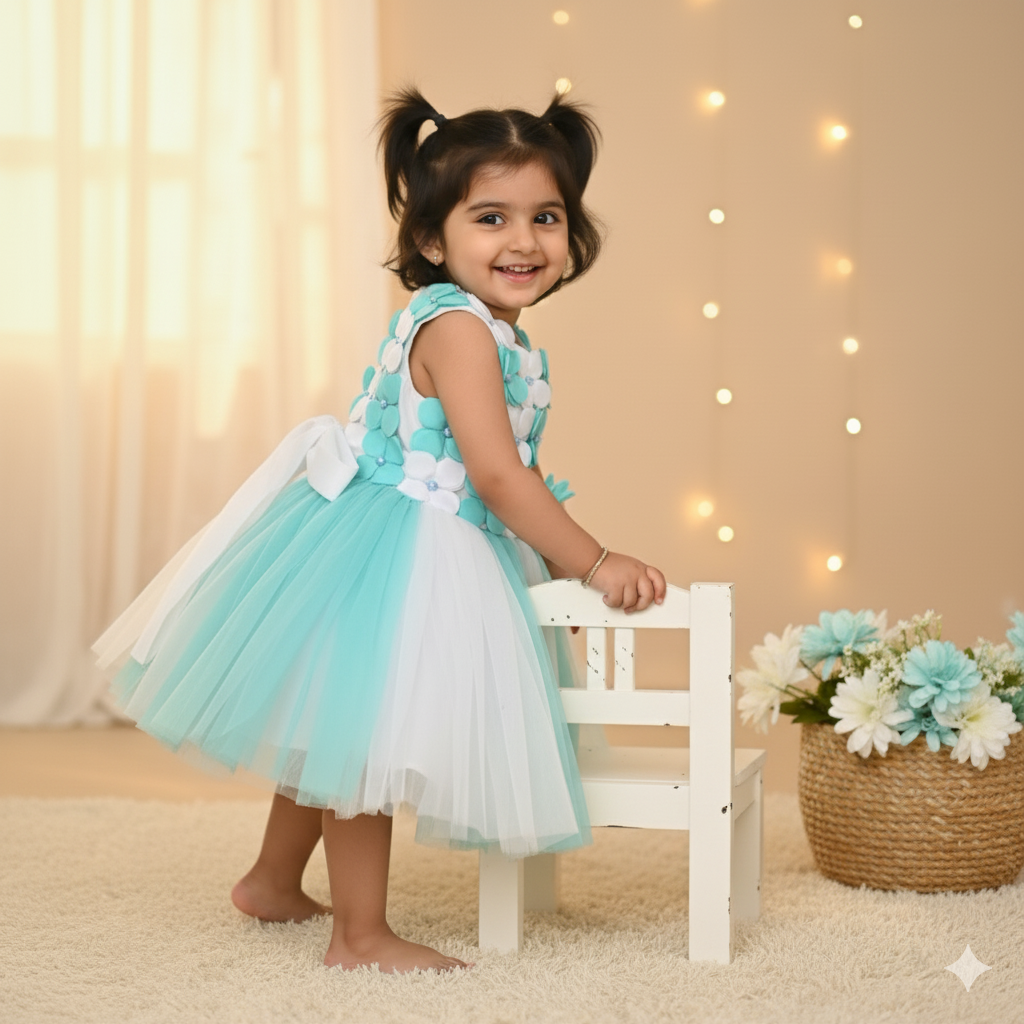 Mint and White Tulle Floral Party Frock Dress