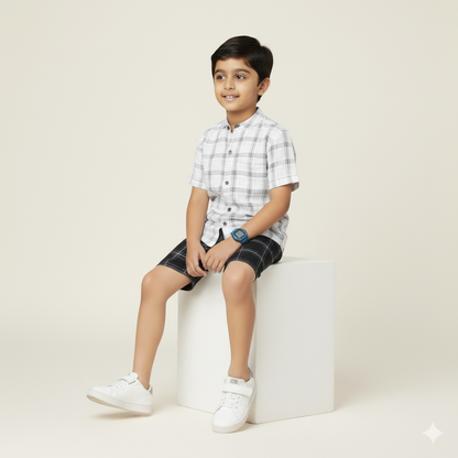 Boys Slim Fit Printed Casual Check Shirt and Shorts Set