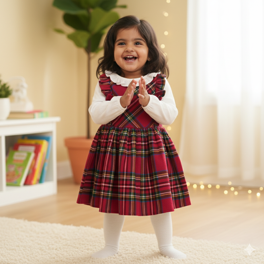 Festive Red Plaid Dress with White Long Sleeve Top and Ruffle Collar