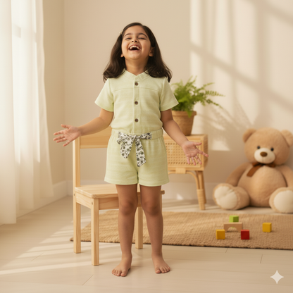 Sweet Lime Green Textured Rompers with Floral Print Belt