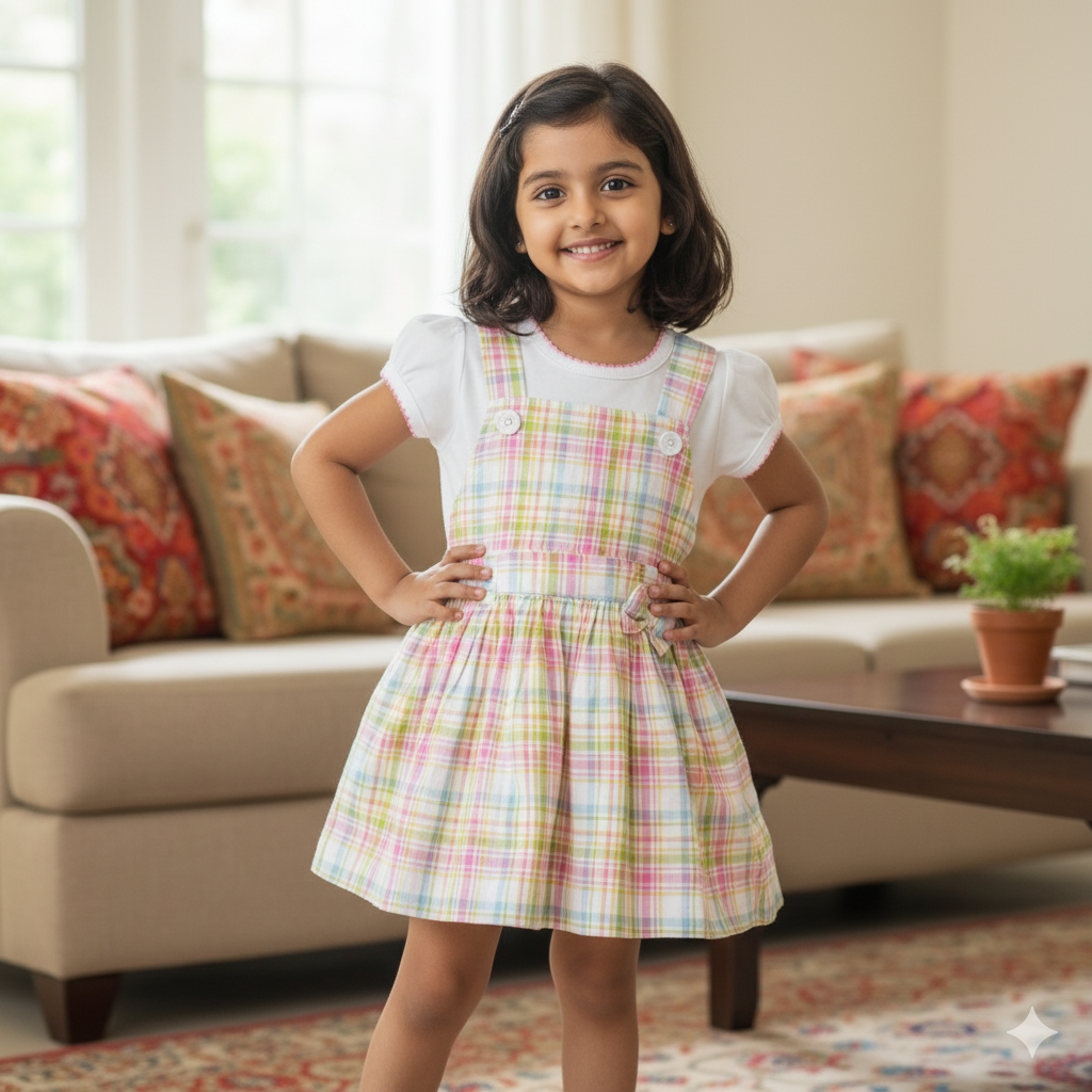 Girls Sweet Yellow and Mint Pinafore Frock Dress