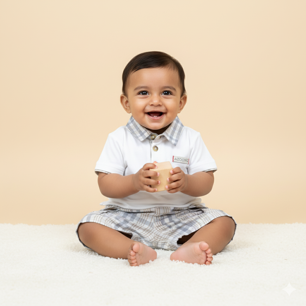 Classic White Polo with Grey-Beige Check Collar and Matching Plaid Shorts