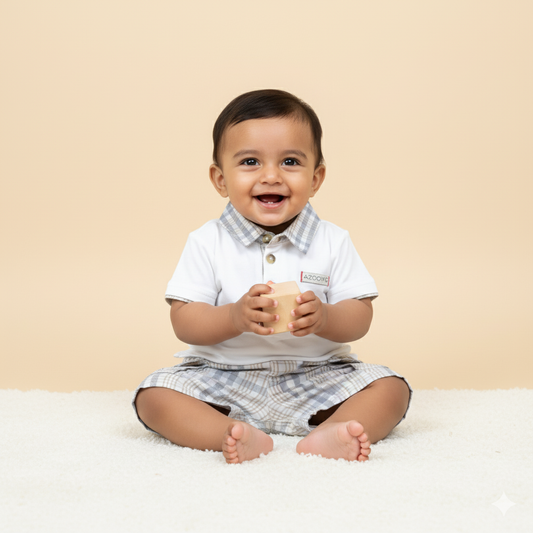 Classic White Polo with Grey-Beige Check Collar and Matching Plaid Shorts