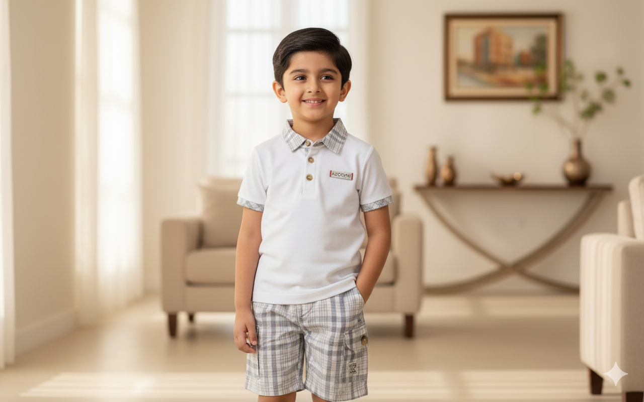 Classic White Polo with Grey Check Collar and Matching Plaid Shorts