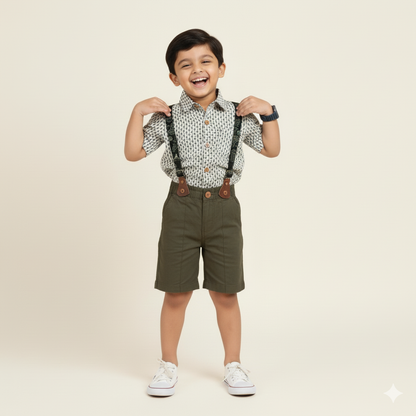 Boys Cotton Full Sleeves Dungarees  set Shirt Pant With Suspender