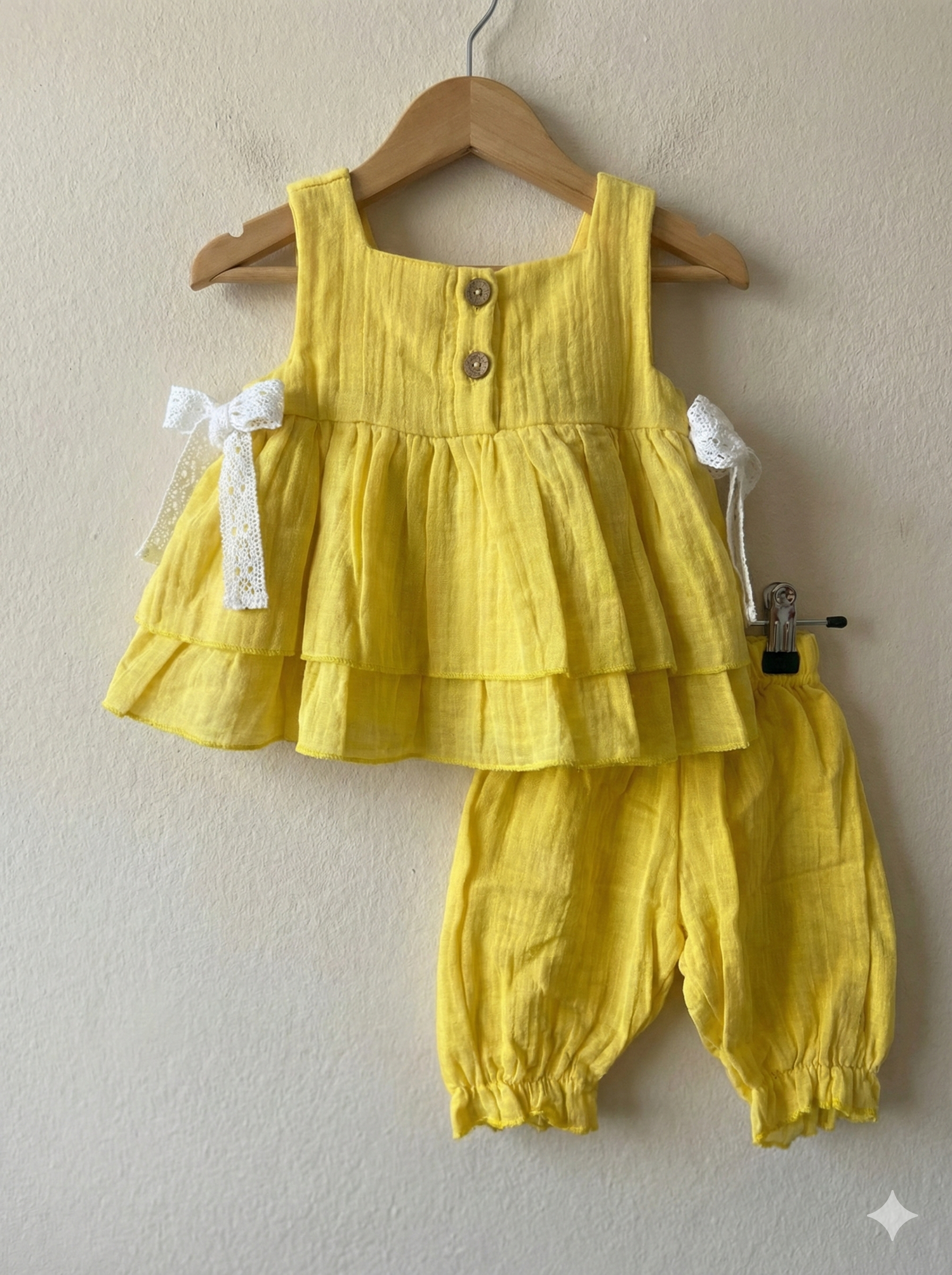 Yellow Muslin Ruffle Top & Bloomer Set with Lace Detail