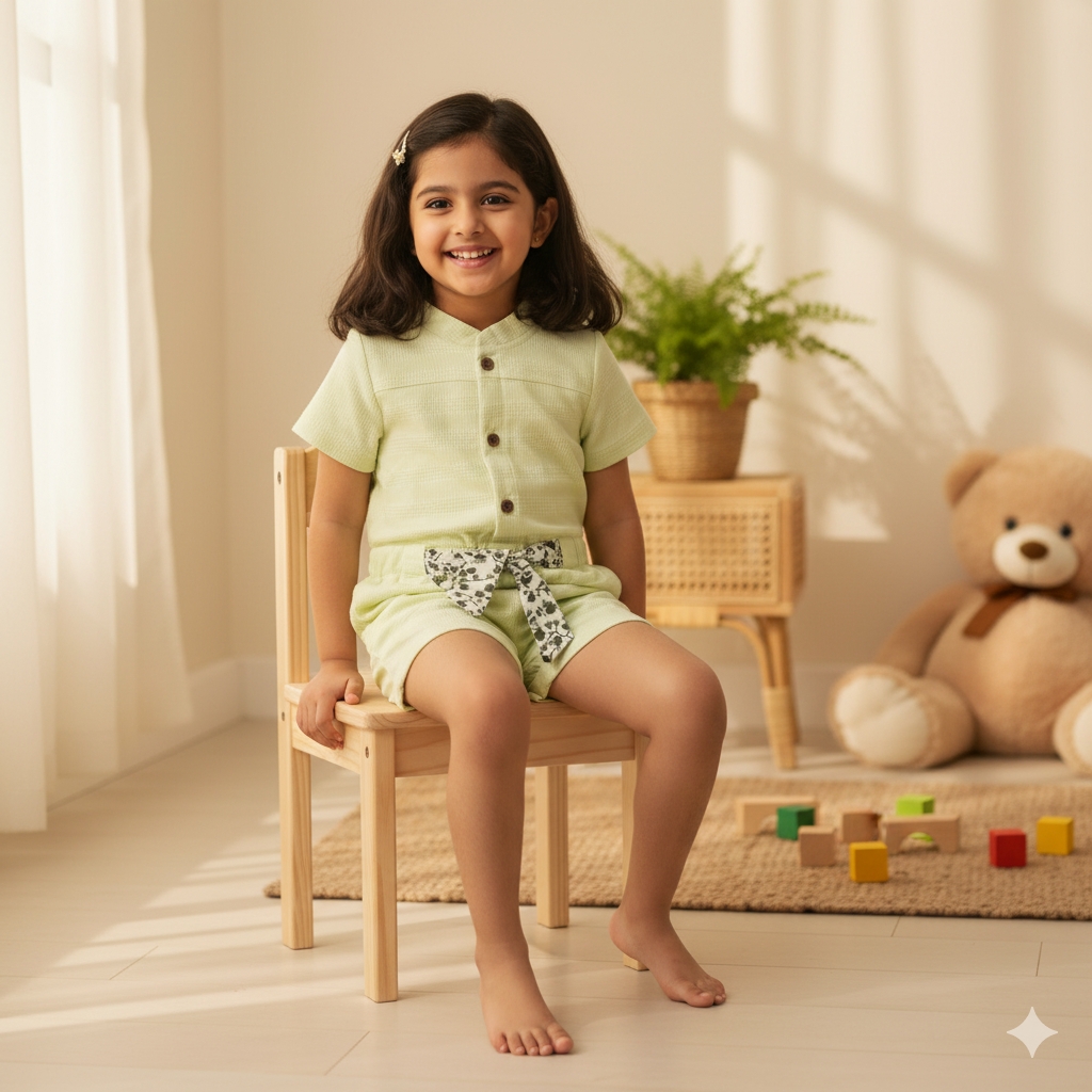 Sweet Lime Green Textured Rompers with Floral Print Belt