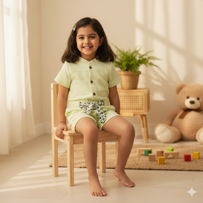 Sweet Lime Green Textured Rompers with Floral Print Belt