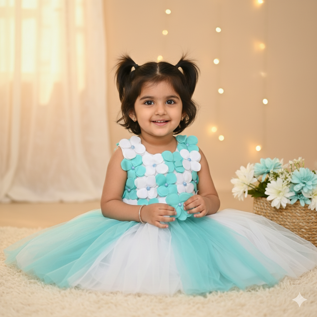 Mint and White Tulle Floral Party Frock Dress