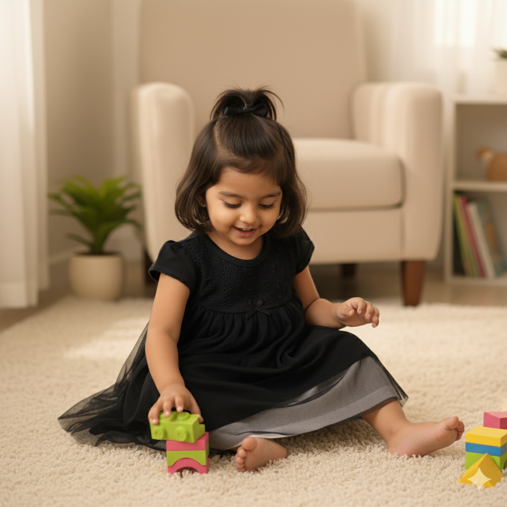 Elegant Black Schiffli Dress with Tulle Overlay