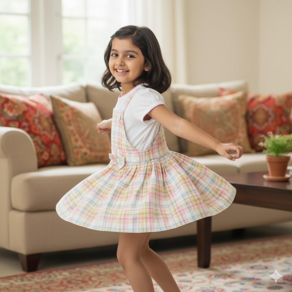 Girls Sweet Yellow and Mint Pinafore Frock Dress