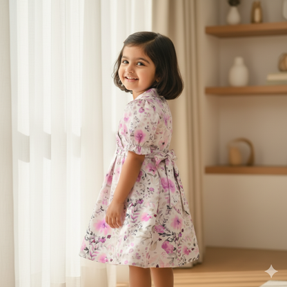 Girls Floral Print Silver Satin Fit & Flare Dress