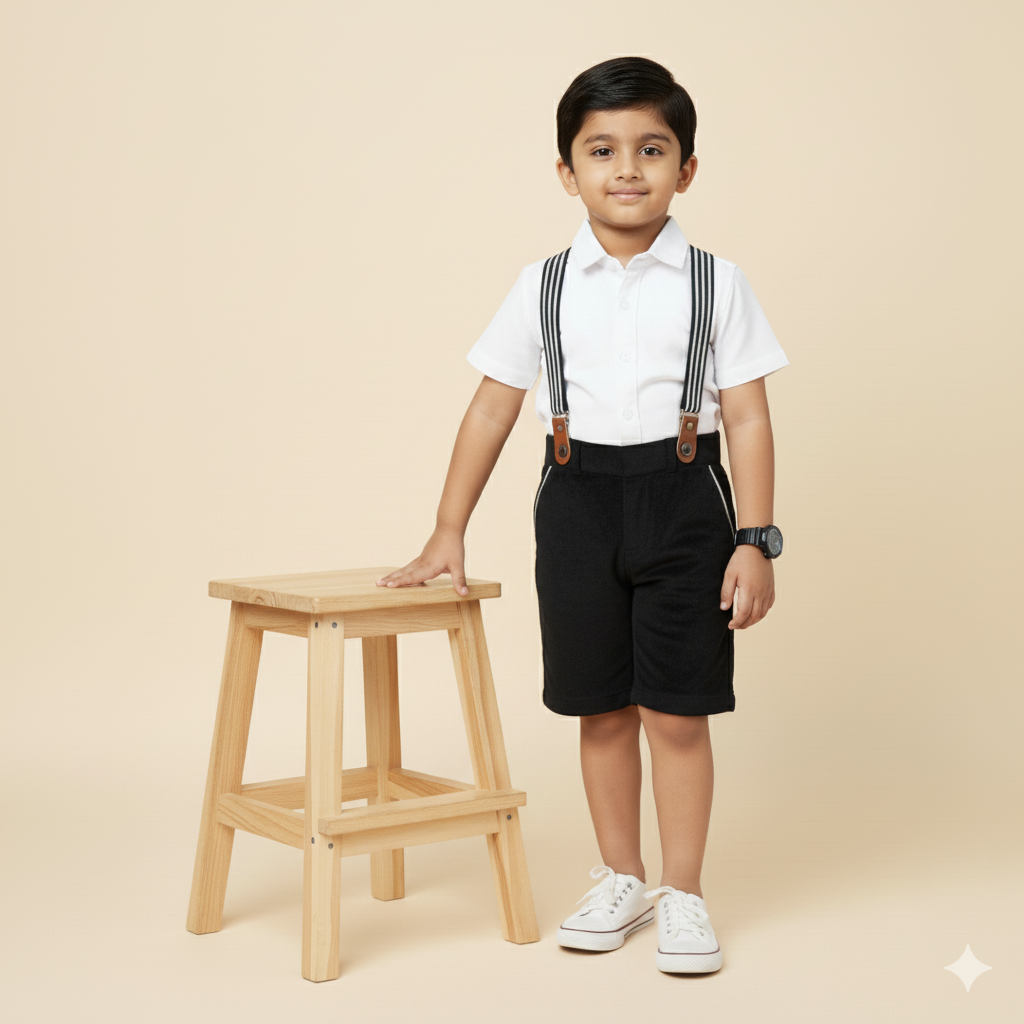 Boys Dapper White Shirt with Black Shorts sets with Suspenders
